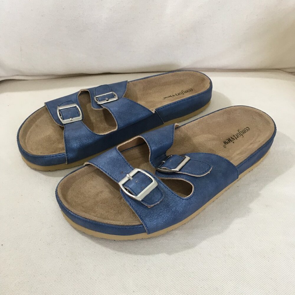 Comfort View Slip On Slides NWOT Blue Faux Leather